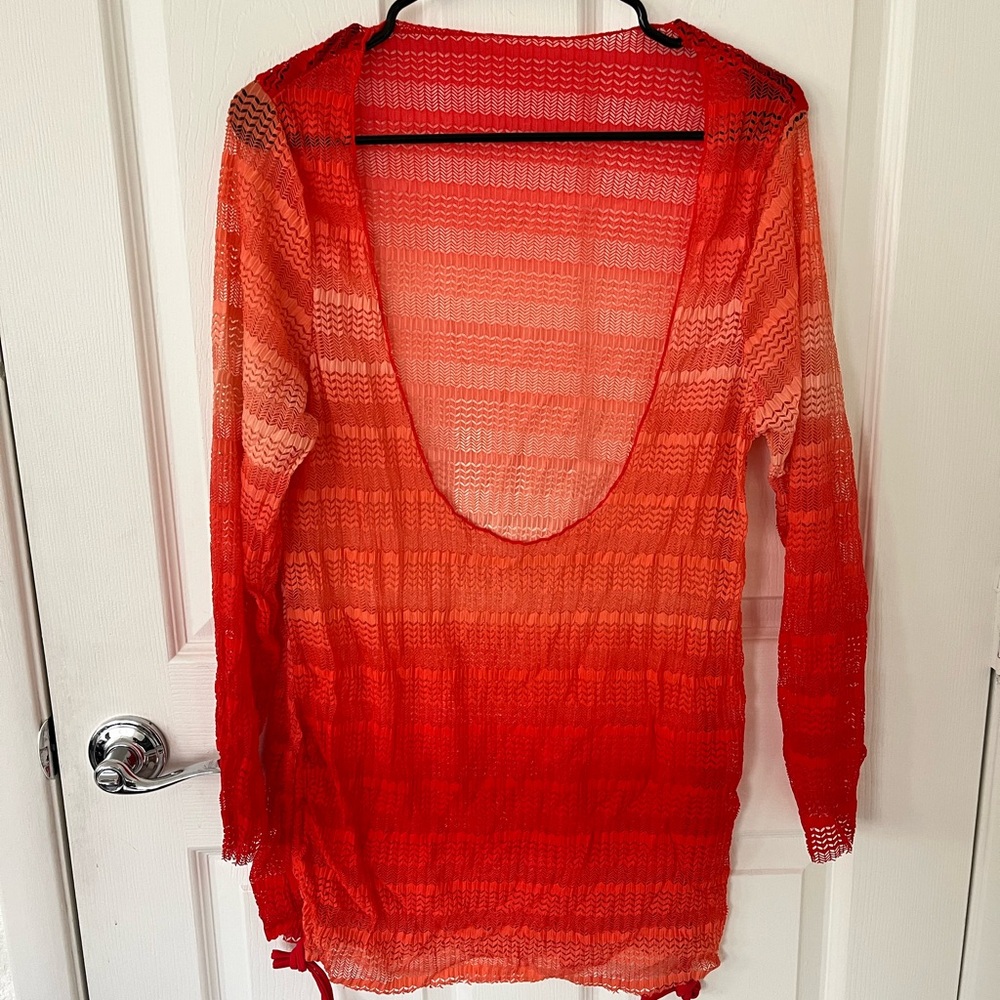 SHEIN Red Orange Ombre Sheer Swim Coverup